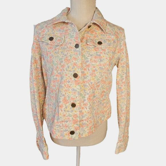 Lauren Jeans Co Denim Jacket Womens Large Floral Pastel Fall - Picture 1 of 9